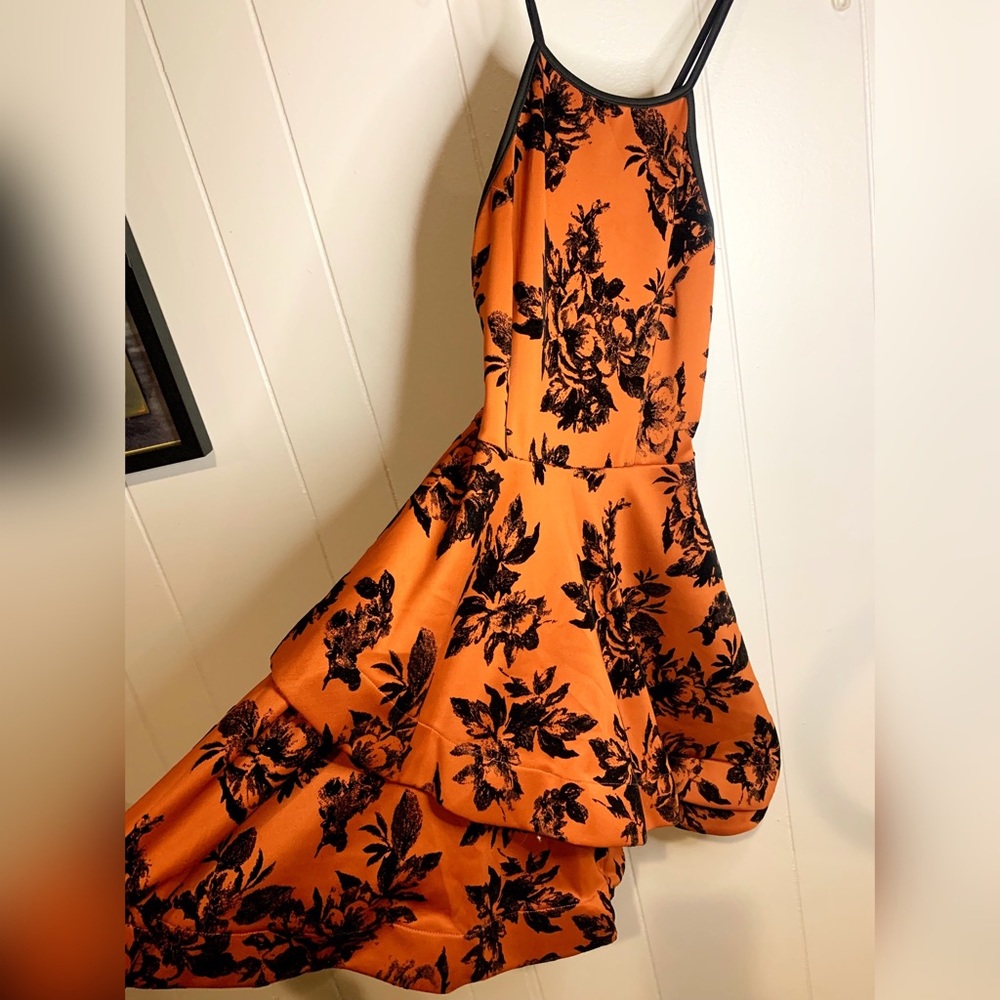 Beautiful party dress! Burnt orange w/black floral dress.